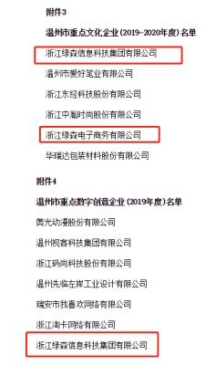 綠森榮獲溫州市重點文化企業(yè)和重點數(shù)字創(chuàng)意企業(yè)雙項殊榮
